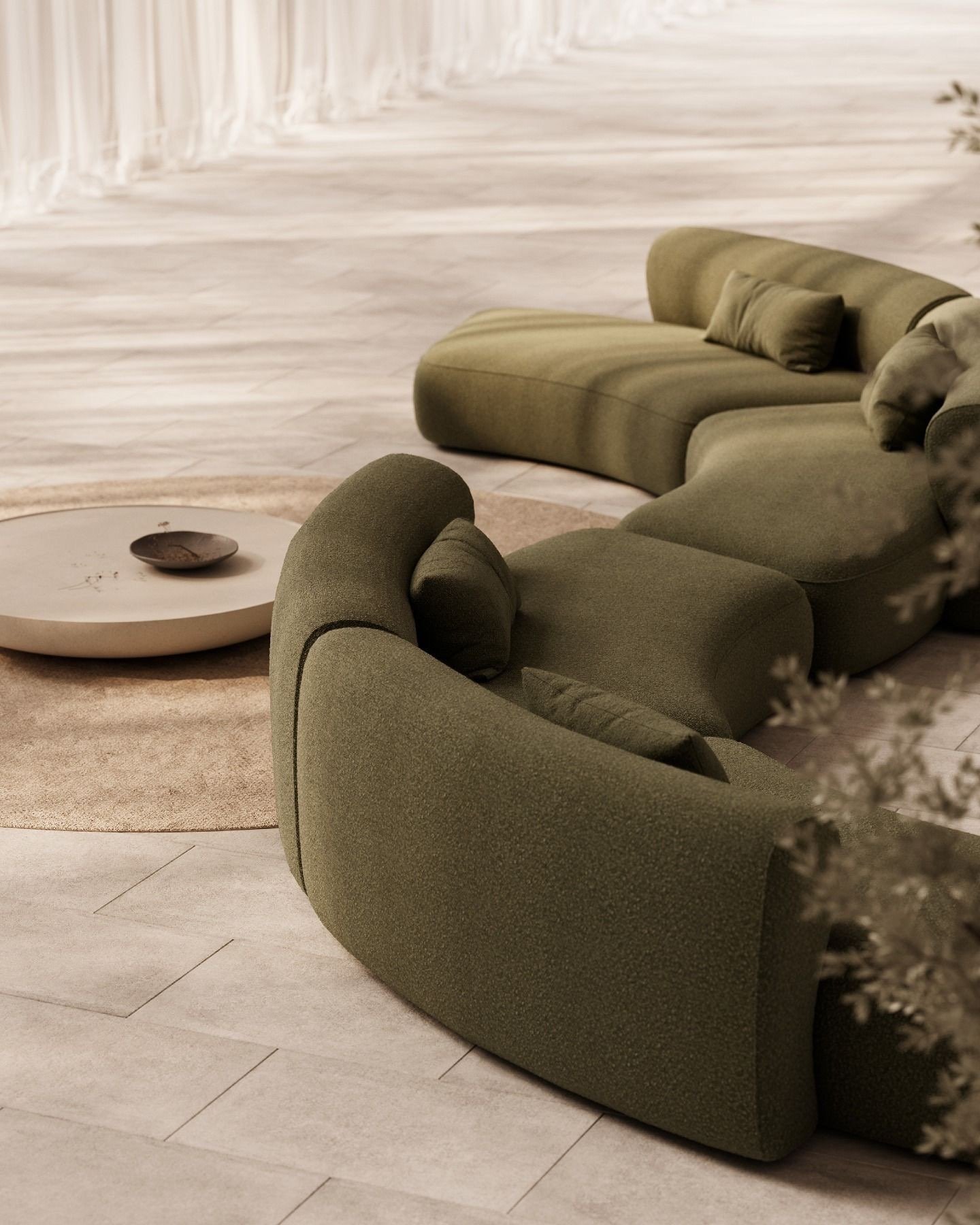 Ambiente contemporâneo com superfícies têxteis