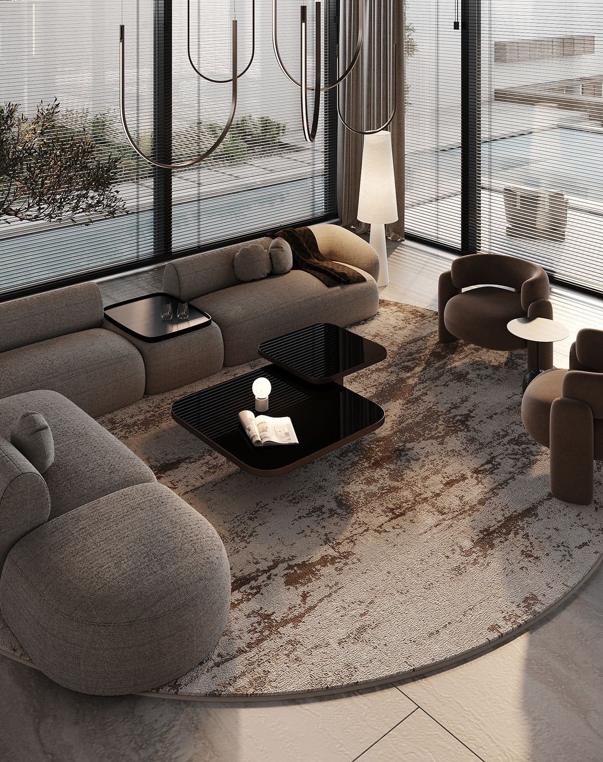 Ambiente contemporâneo com superfícies têxteis